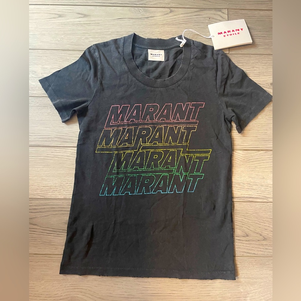 Isabel Marant Etoile Ziliani Distressed Cotton Logo Graphic T-Shirt Small NWT